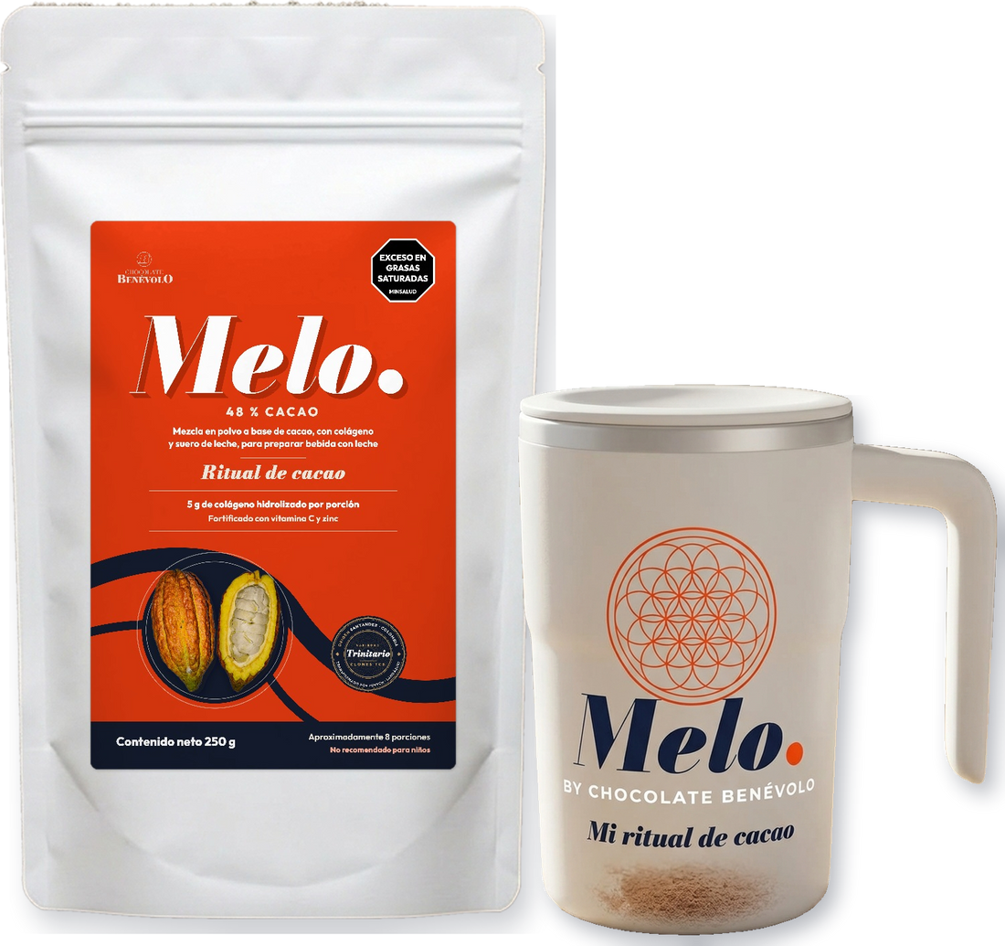 Pack Melo. 250 g con el termo agitador blanco, fondo transparente