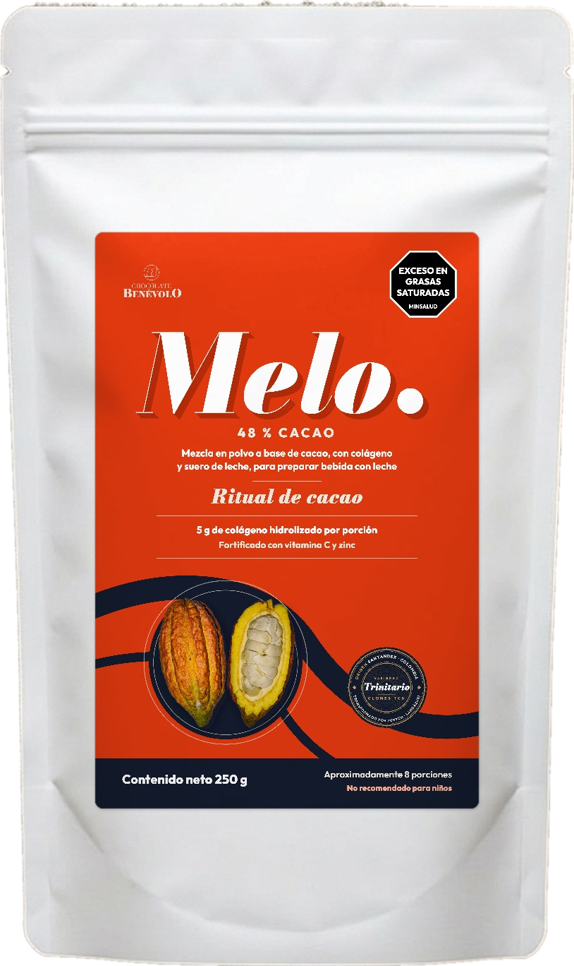 Melo. bolsa 250 g con etiqueta Colombia, fondo transparente